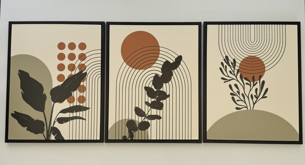 Set of 3 Phopago 11"x14" Canvas Prints Black Frame Green Orange Boho Botanical